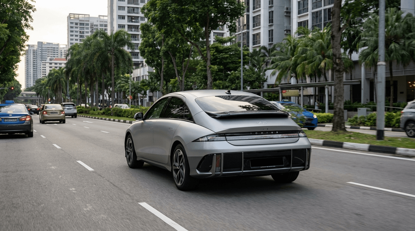 Hyundai Ioniq 6 rear three-quarter view on a Singapore road