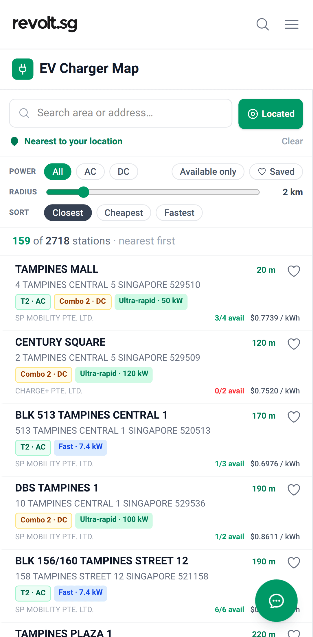 The charger list anchored to your location, nearest first